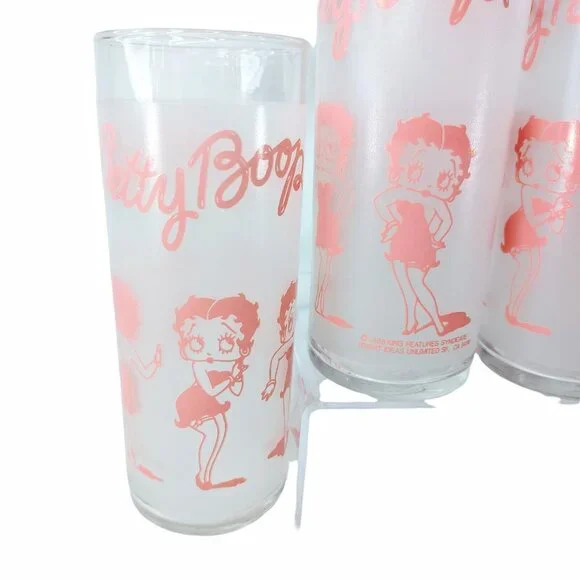 Betty Boop Pink Drinking Frosted Glasses Set Of 4 10 Oz Slim 1988 Vintage - Picture 3 of 8